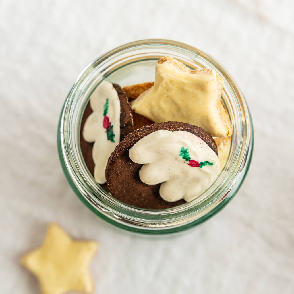 Christmas pudding dog biscuits out of the jar