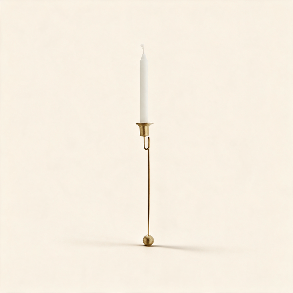Christmas tree shaped candle holder in antique brass on a warm cream background