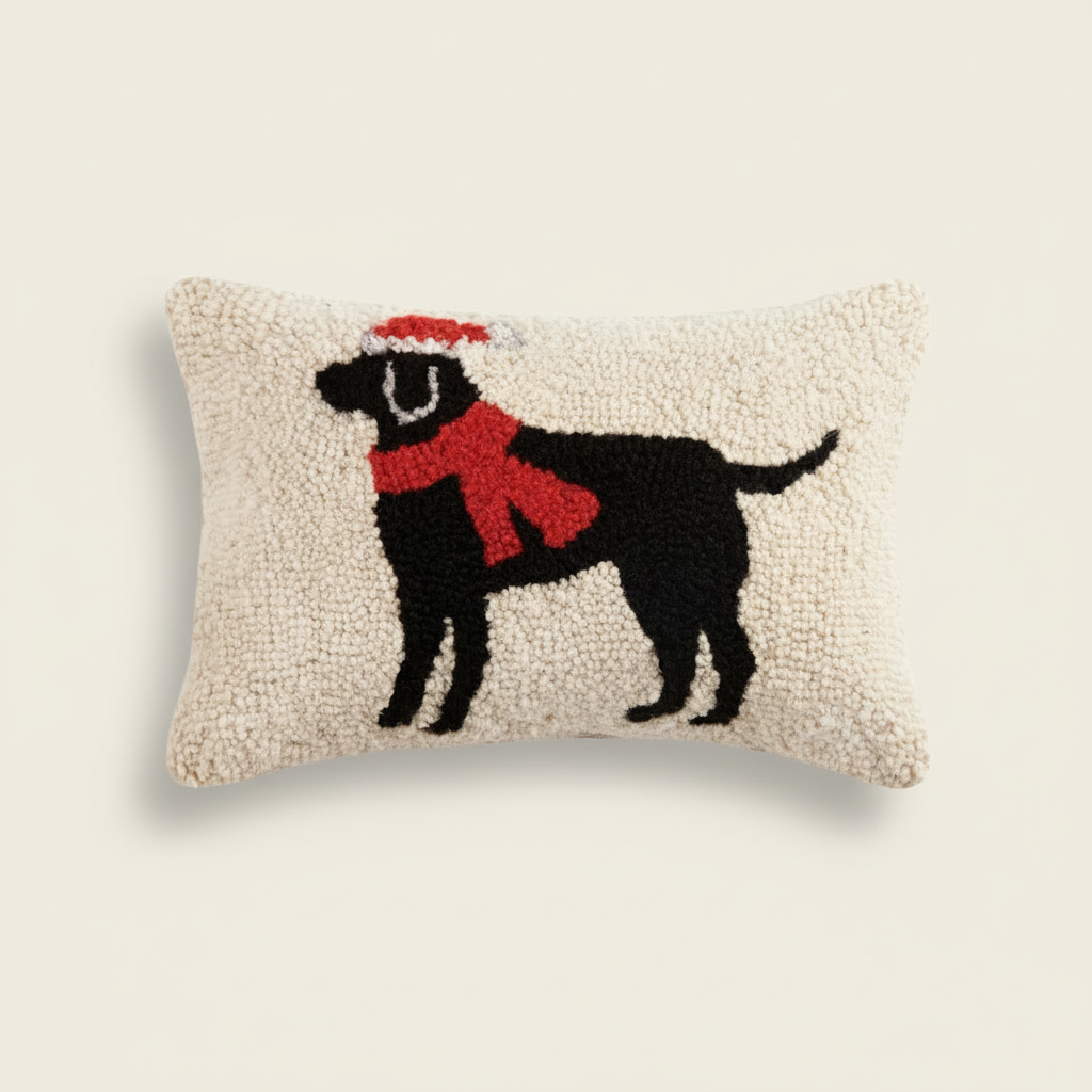 Decorative pillow with a black dog silhouette wearing a red scarf and Santa hat on a beige background.