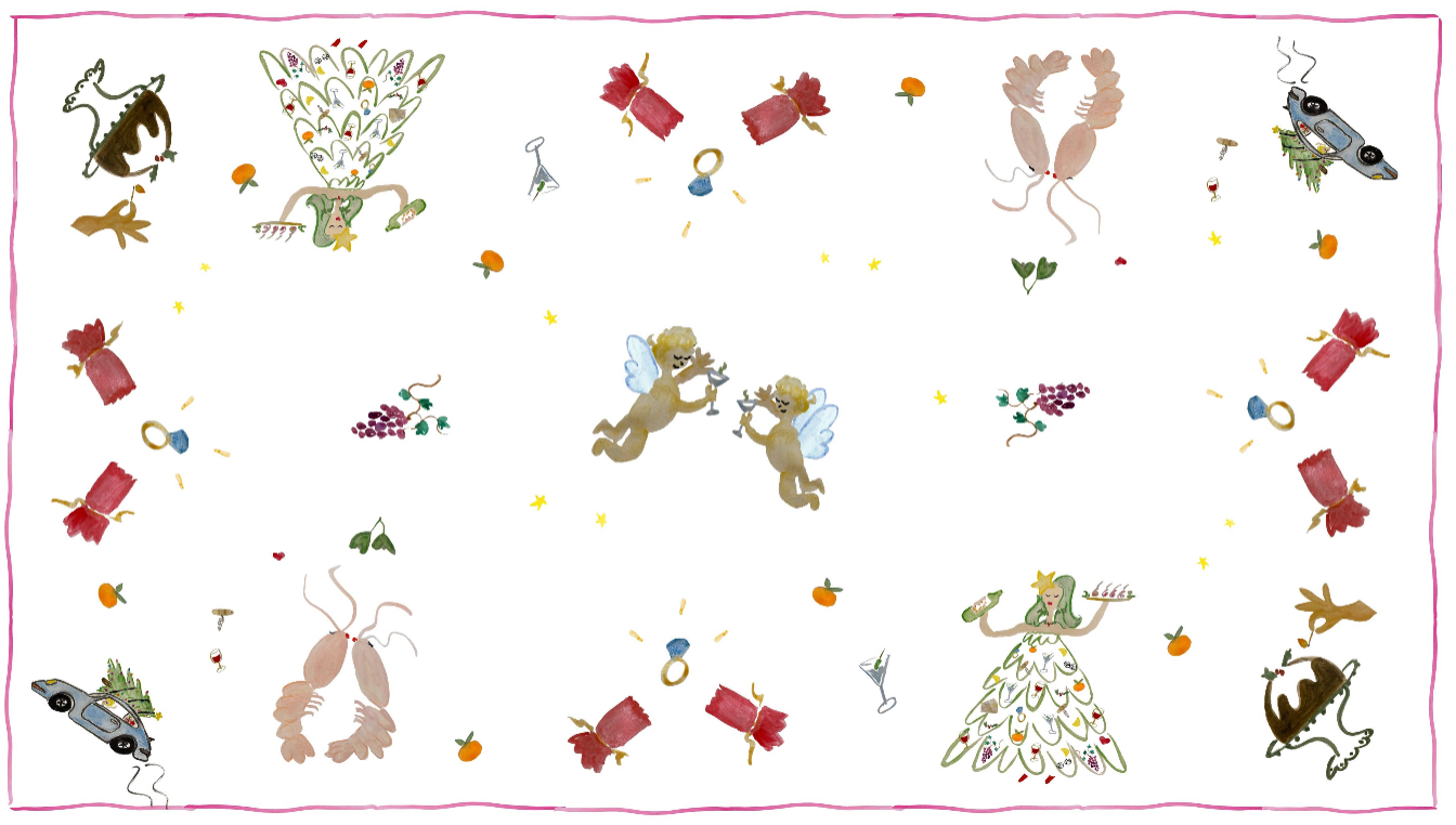 Decorative border with small illustrations of various objects and figures on a white background.