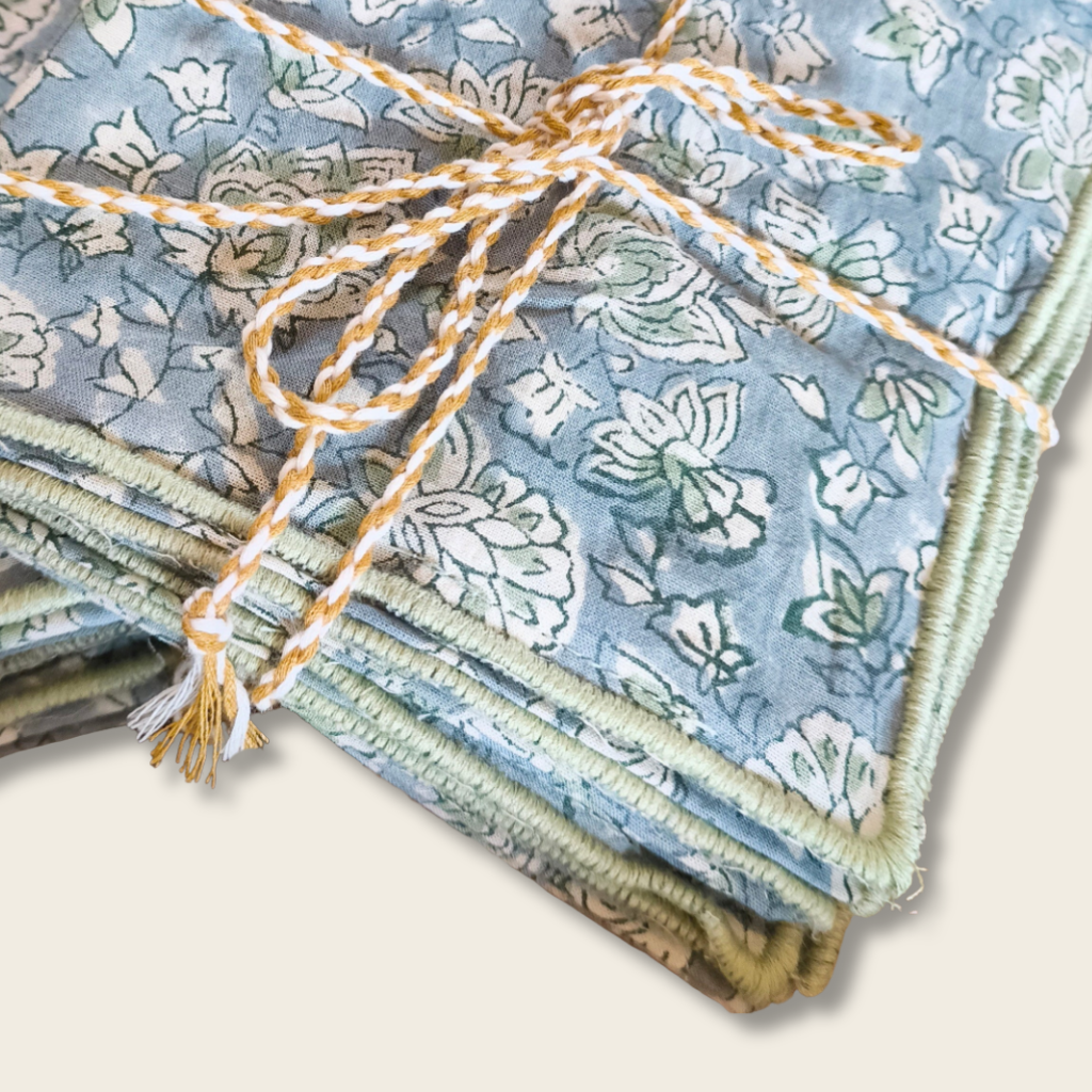 Block printed napkins tied with string