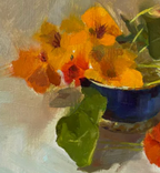 Still life painting of yellow flowers in a blue bowl with green leaves.