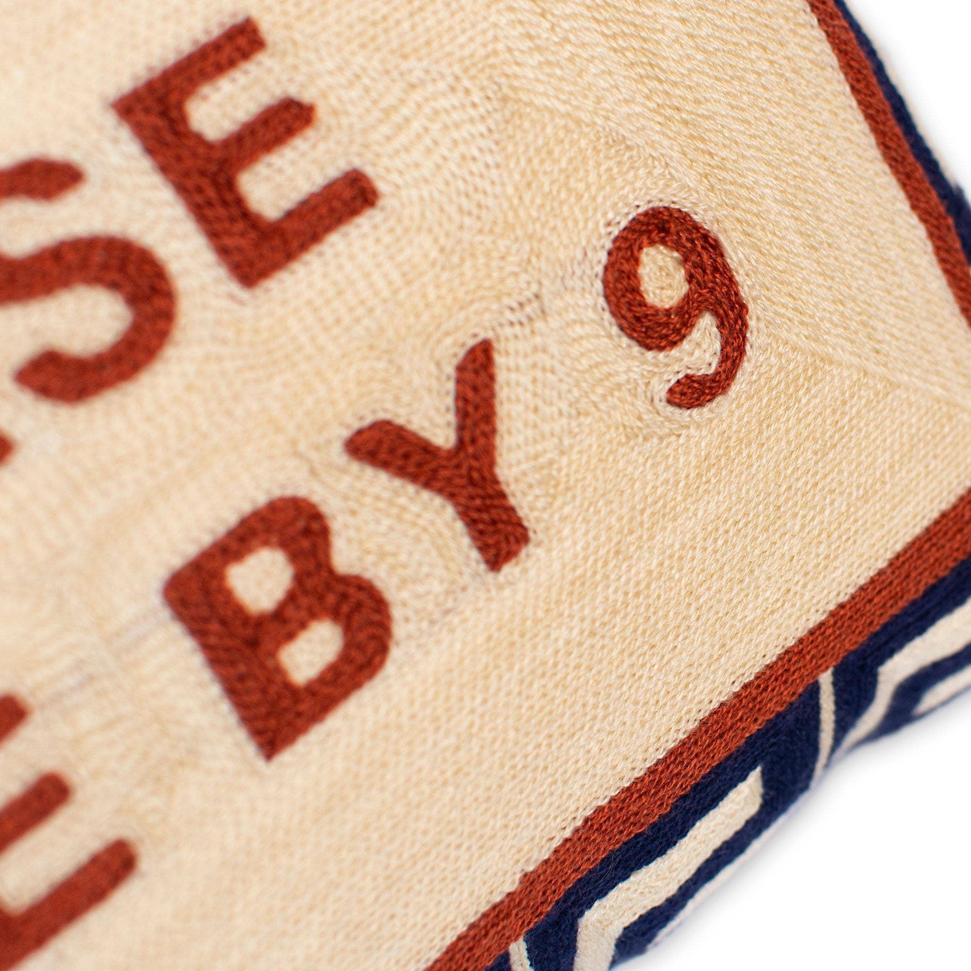 Close-up of a pillow with text and patterns on a white background