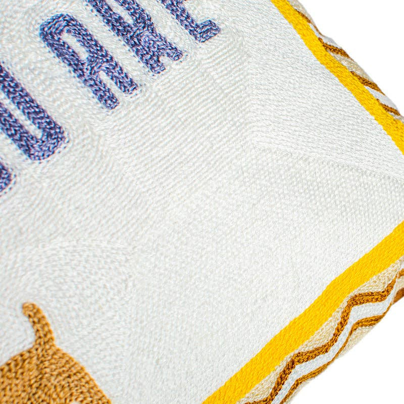 Close-up of a decorative pillow with text and patterns on a white background