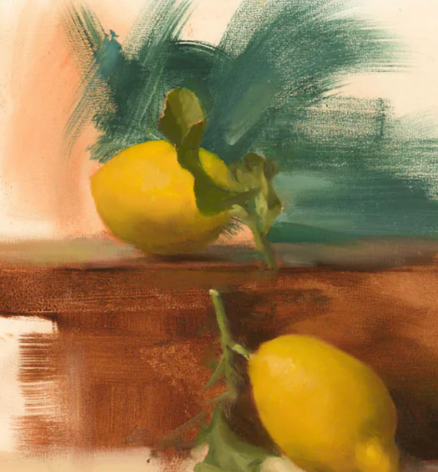 Two lemons on a reflective surface with abstract green and brown brushstrokes in the background