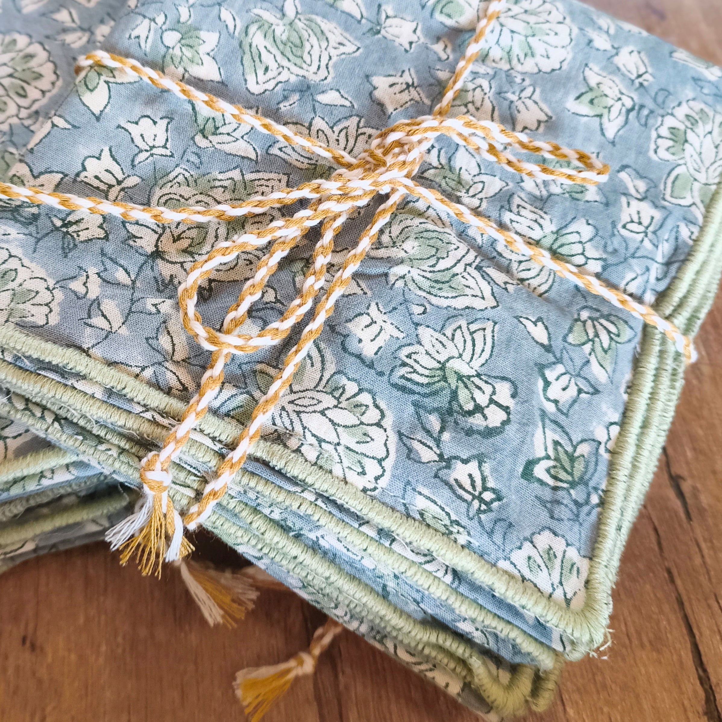 Block printed napkins tied with string