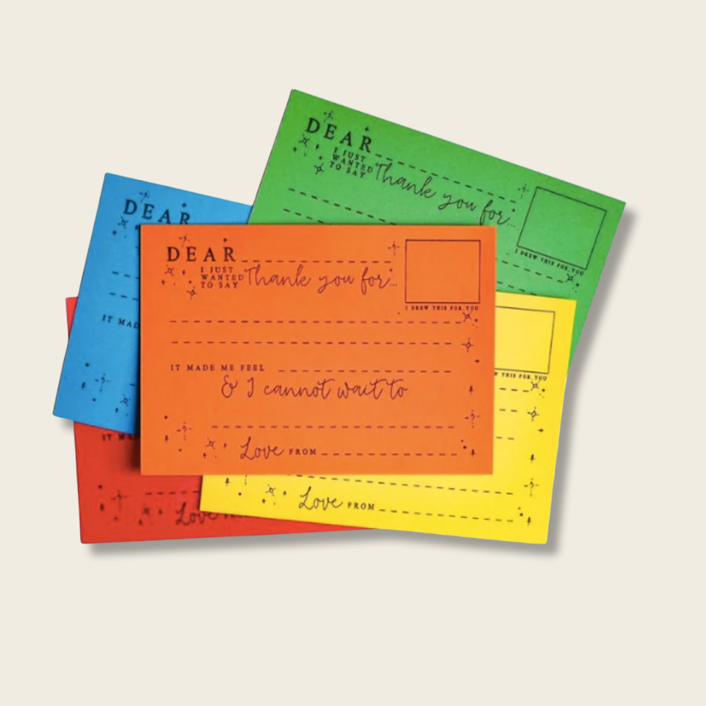 Colorful stationery items with text on a light background