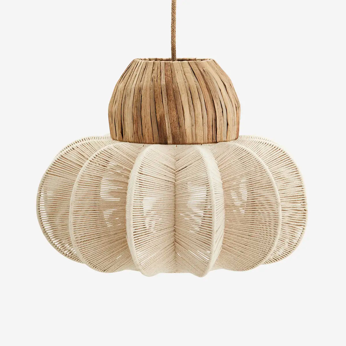 Woven pendant light with natural wood top section on a white background