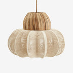 Woven pendant light with natural wood top section on a white background
