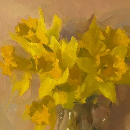 Artistic depiction of yellow flowers in a vase on a textured beige background
