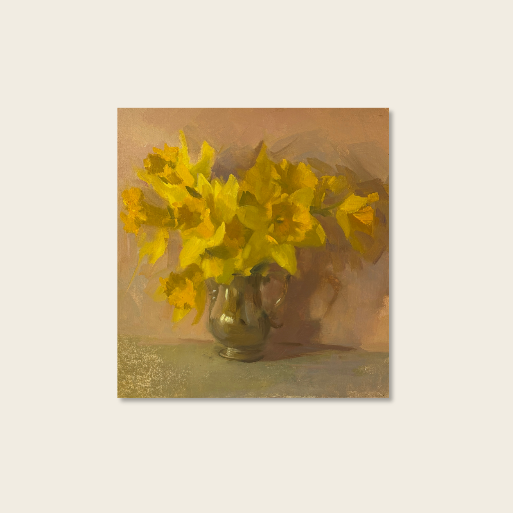 Still life painting of yellow daffodils in a vase on a textured surface.