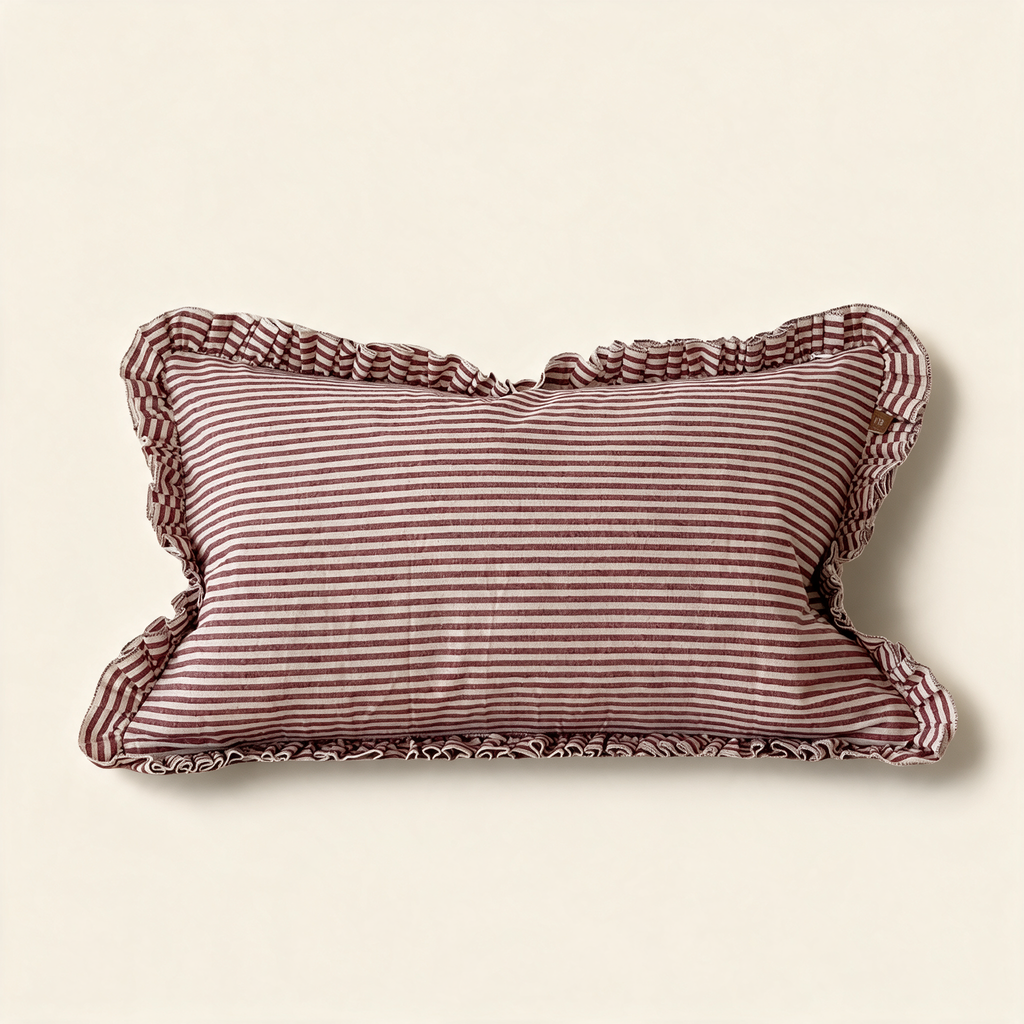 Darcy ruffle cushion cover in burgundy stripe with a frilled edge, 50 by 30 cm