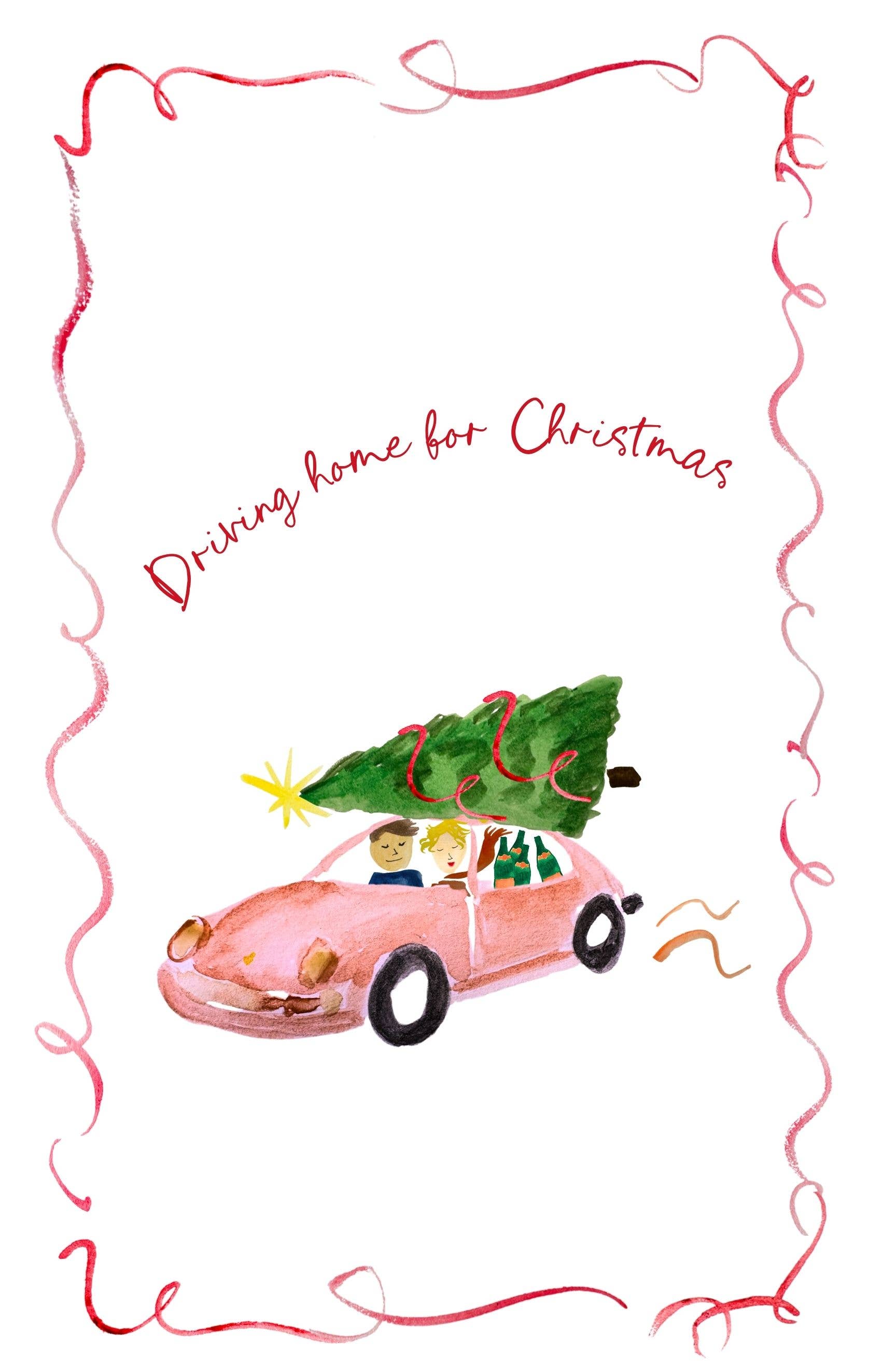 Illustration of a pink car with a Christmas tree on a white background with decorative border.