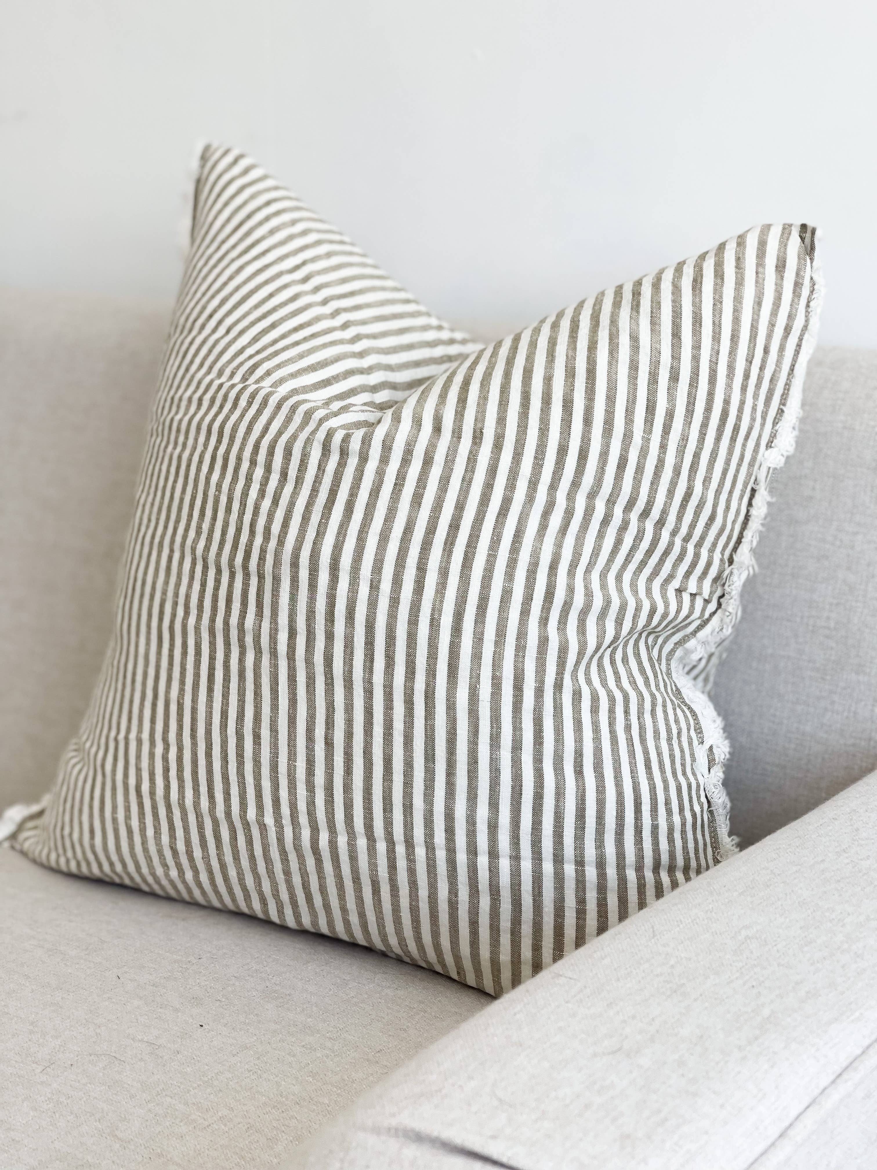 Frayed Edge Linen Cushion Cover – Olive Stripe