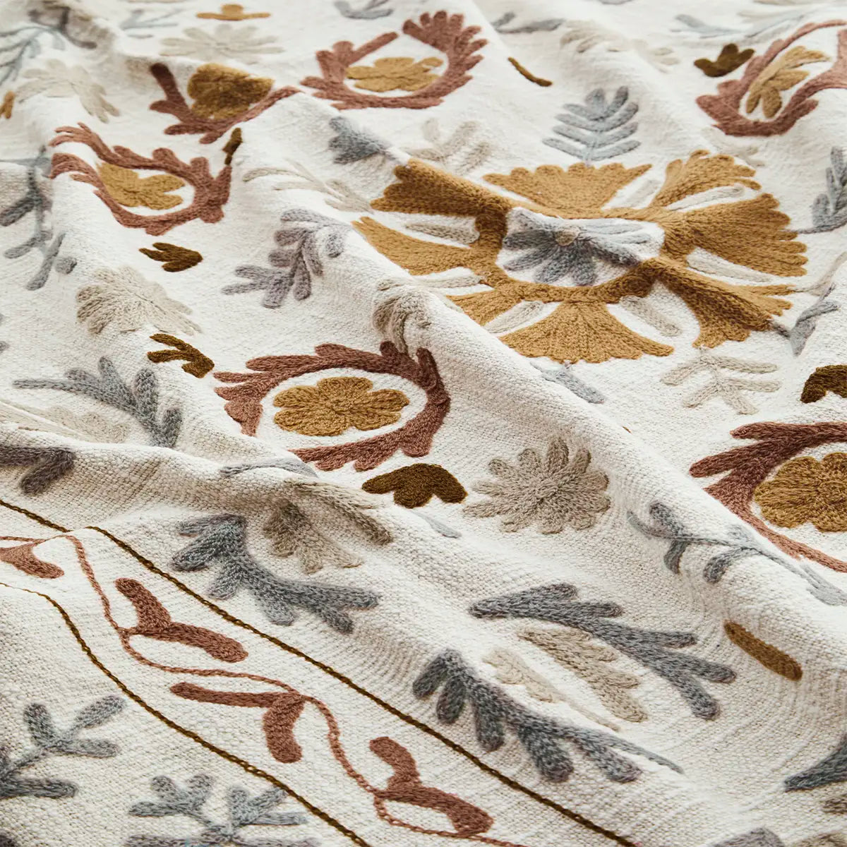Close-up of a textured fabric with floral patterns in brown, beige, and gray on a white background.