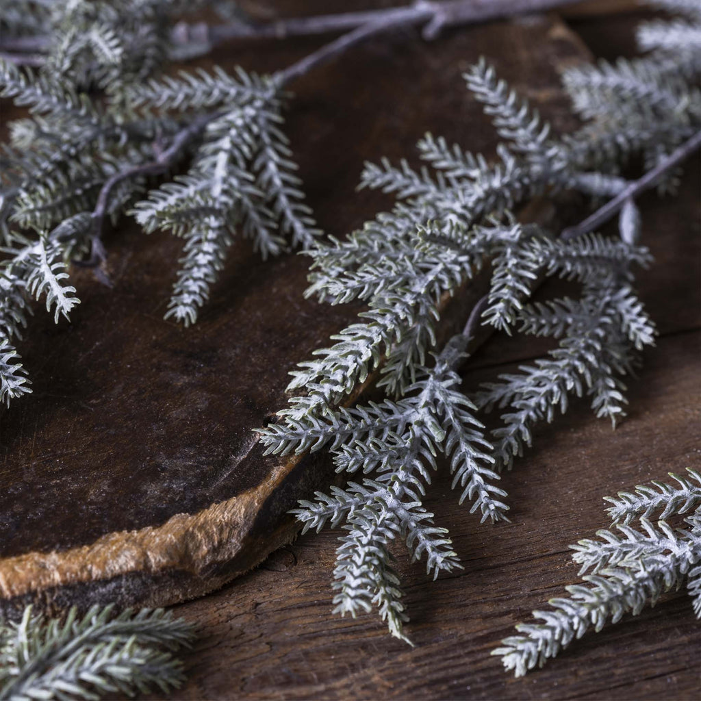Frosted branches on a wooden surface
