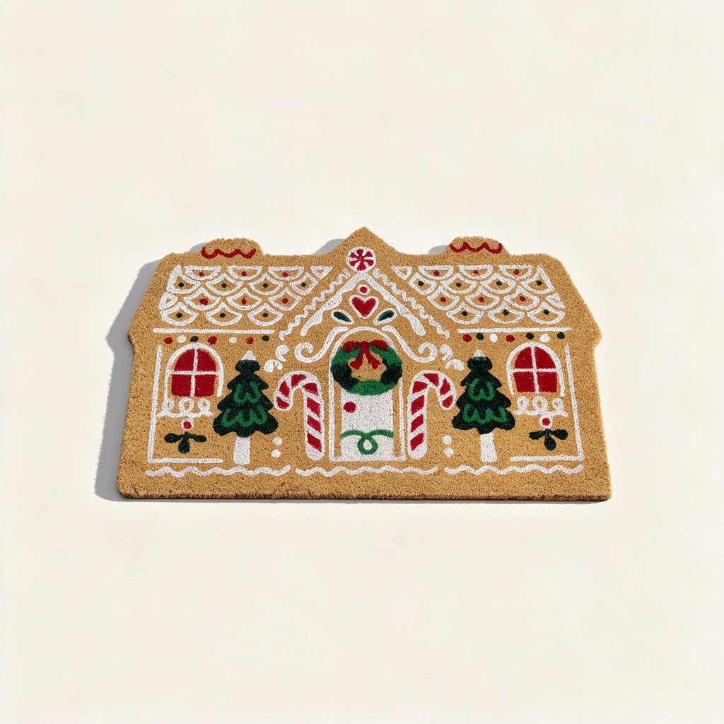 Gingerbread cottage shaped coir doormat with festive treats