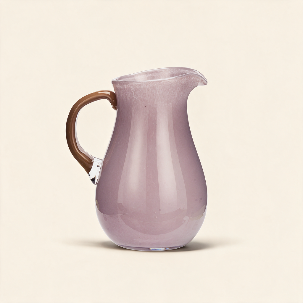 Glass jug in clear glass with lilac and caramel tones on a warm cream background