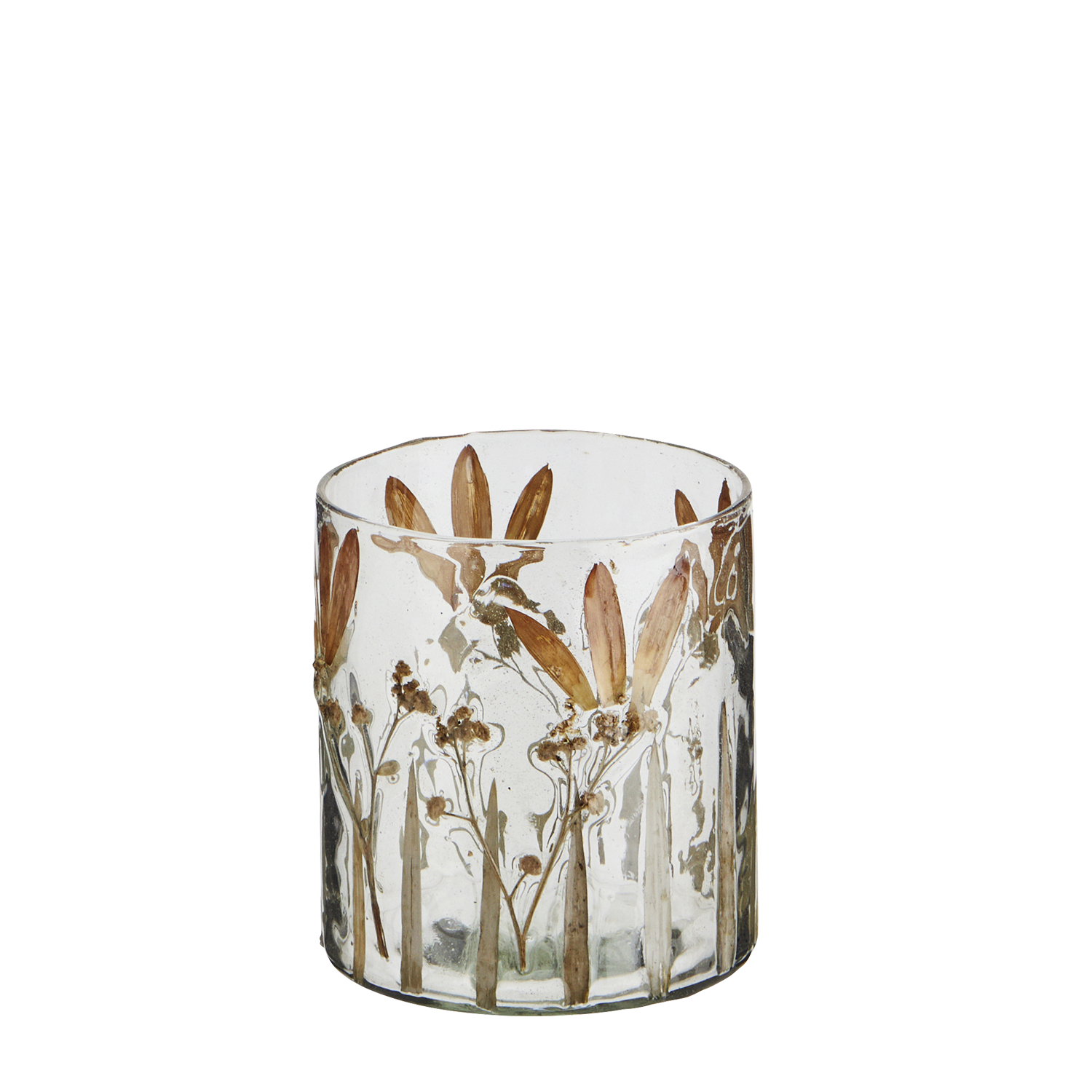 Small glass votive with flower petals set into the glass