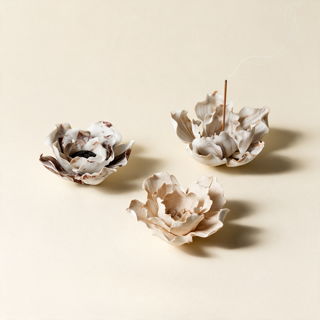 Handmade ceramic lily incense holder on a cream background