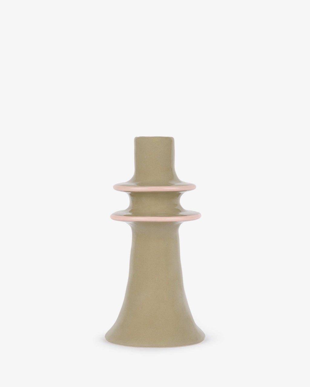 Green stoneware candlestick shown from the side
