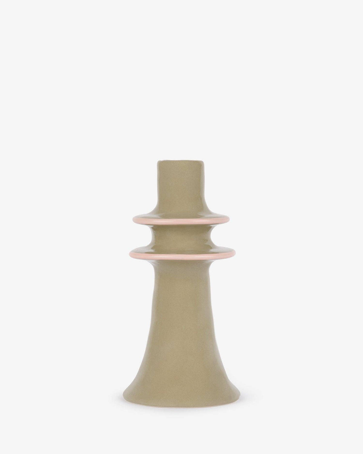 Green stoneware candlestick shown from the side