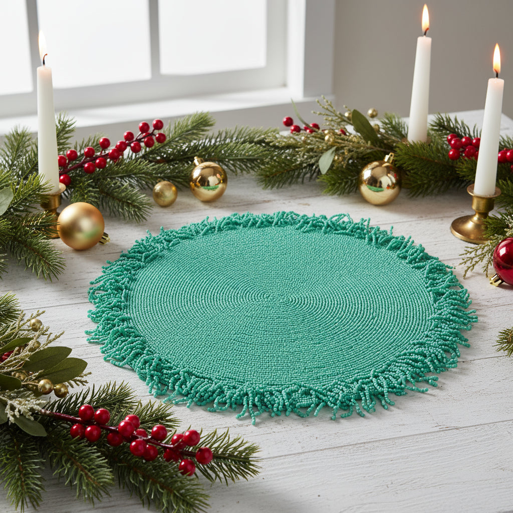 Round green woven mat with fringed edge on a light blue background