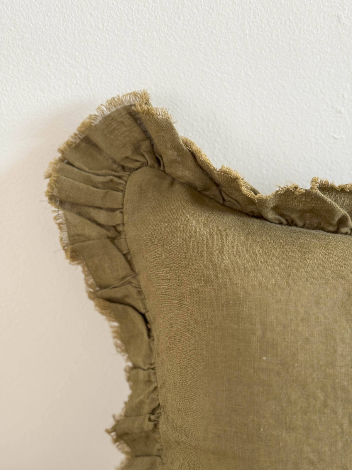 Hallie ruffled linen cushion cover in olive, supplier detail photo