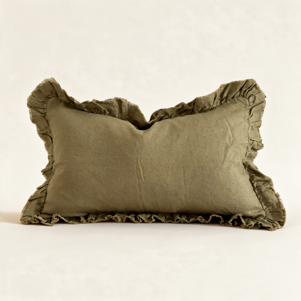 Hallie ruffled stonewashed linen cushion cover in olive, 50 x 30 cm