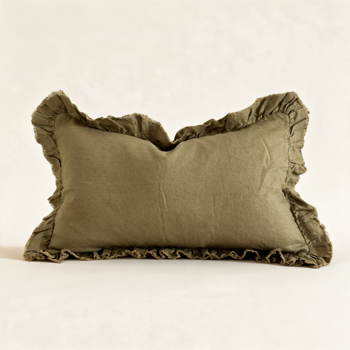 Hallie ruffled stonewashed linen cushion cover in olive, 50 x 30 cm