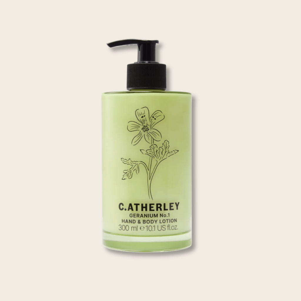 Catherley hand and body lotion bottle on a beige background