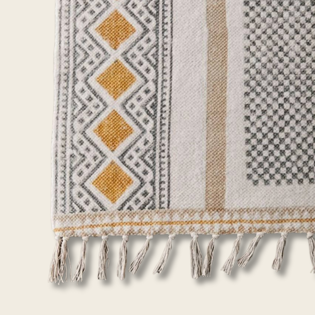 Textile with geometric patterns and fringes on a neutral background