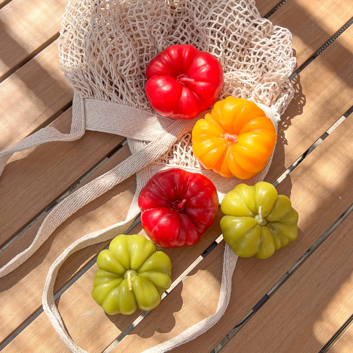 Heirloom tomato-shaped beeswax candle, detail