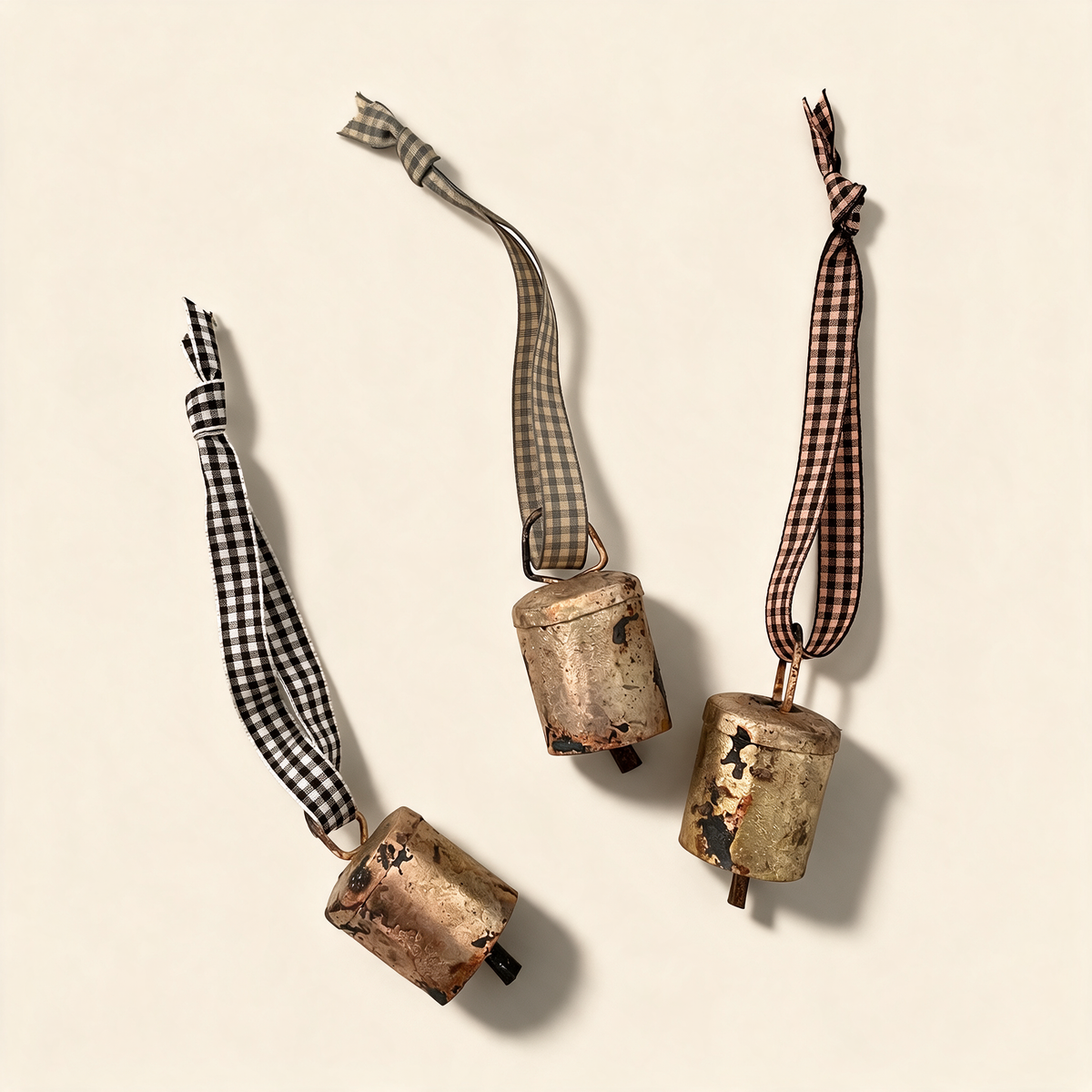 Small brass bell ornament on a gingham ribbon, hand formed from recycled tin