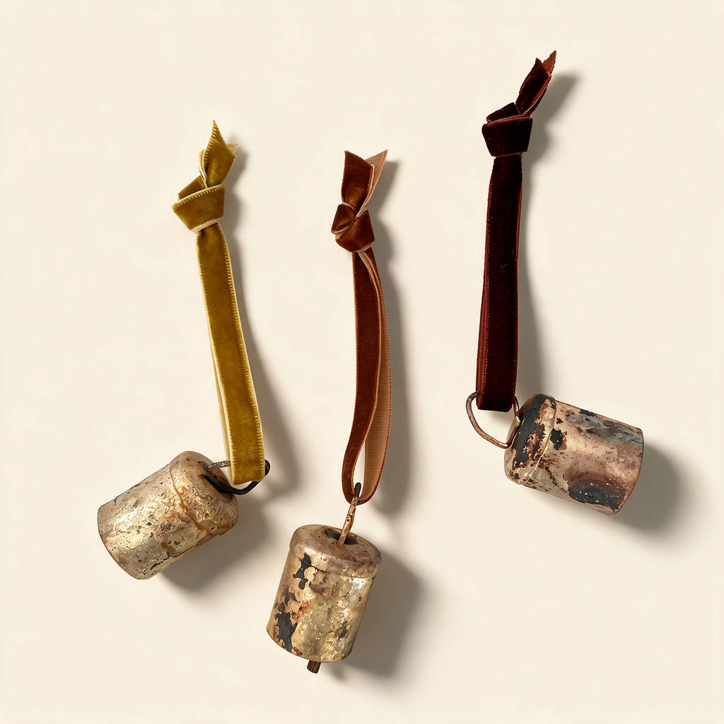 Small brass bell ornament on a velvet ribbon, hand formed from recycled tin