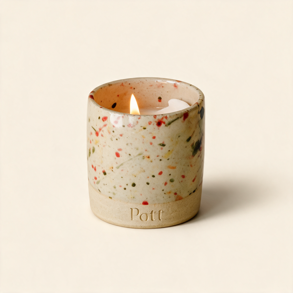 Tomato Vine scented candle in a handmade Squashed Tomato Pott by Pott, on a cream background