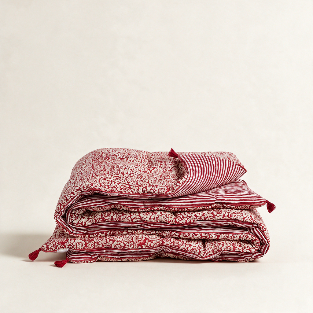 Kamala Garnet block-print sofa cover with tassels