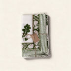 Khaki cotton tablecloth with an oak leaf block print and bordered edge
