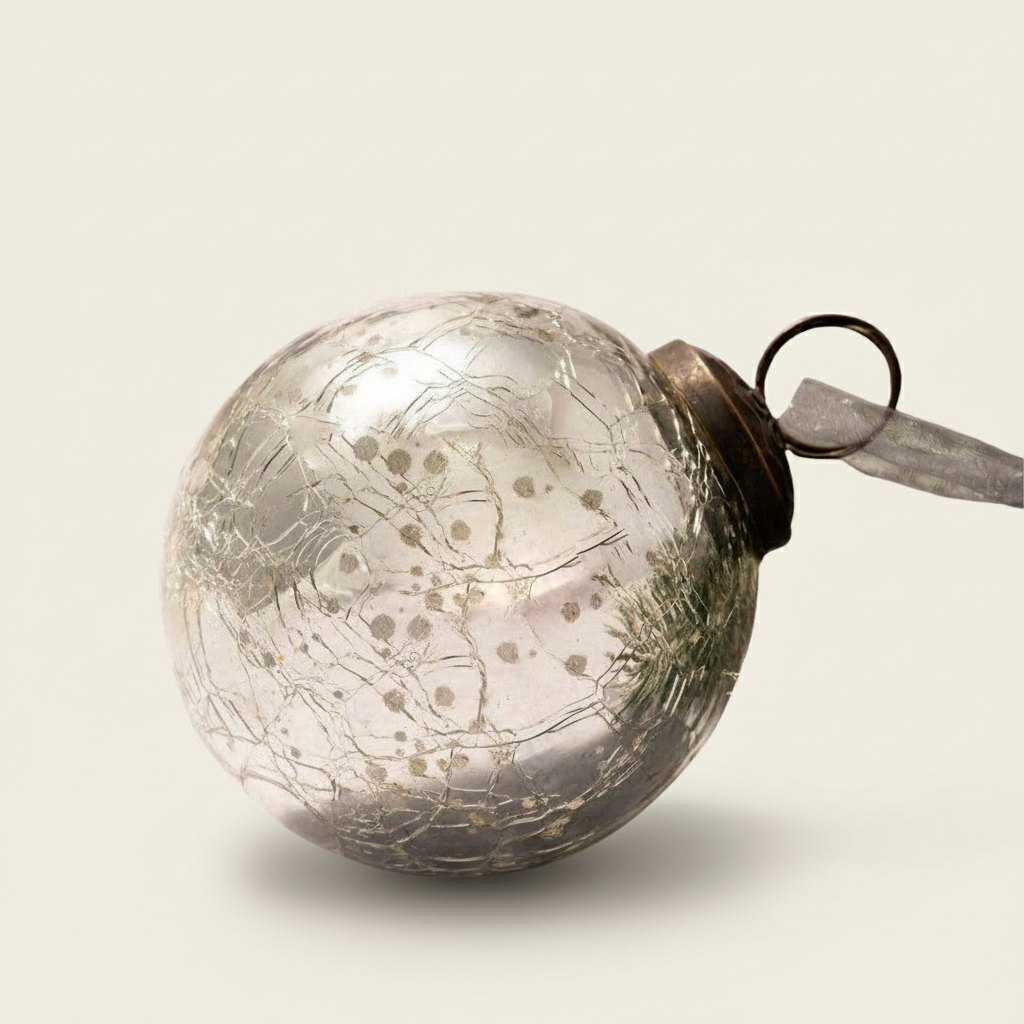 Decorative glass ball ornament with textured surface on a beige background