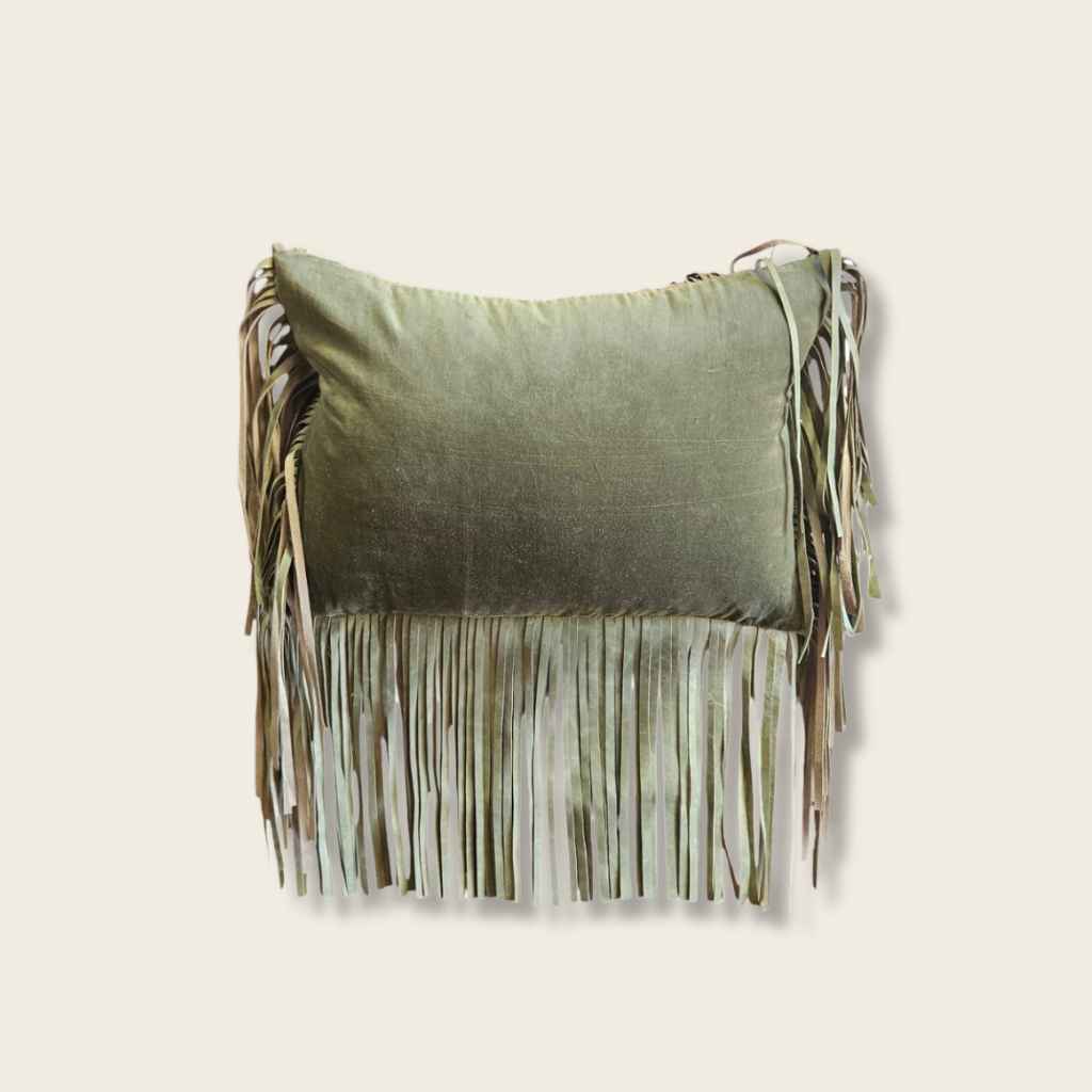 olive cushion with tassles