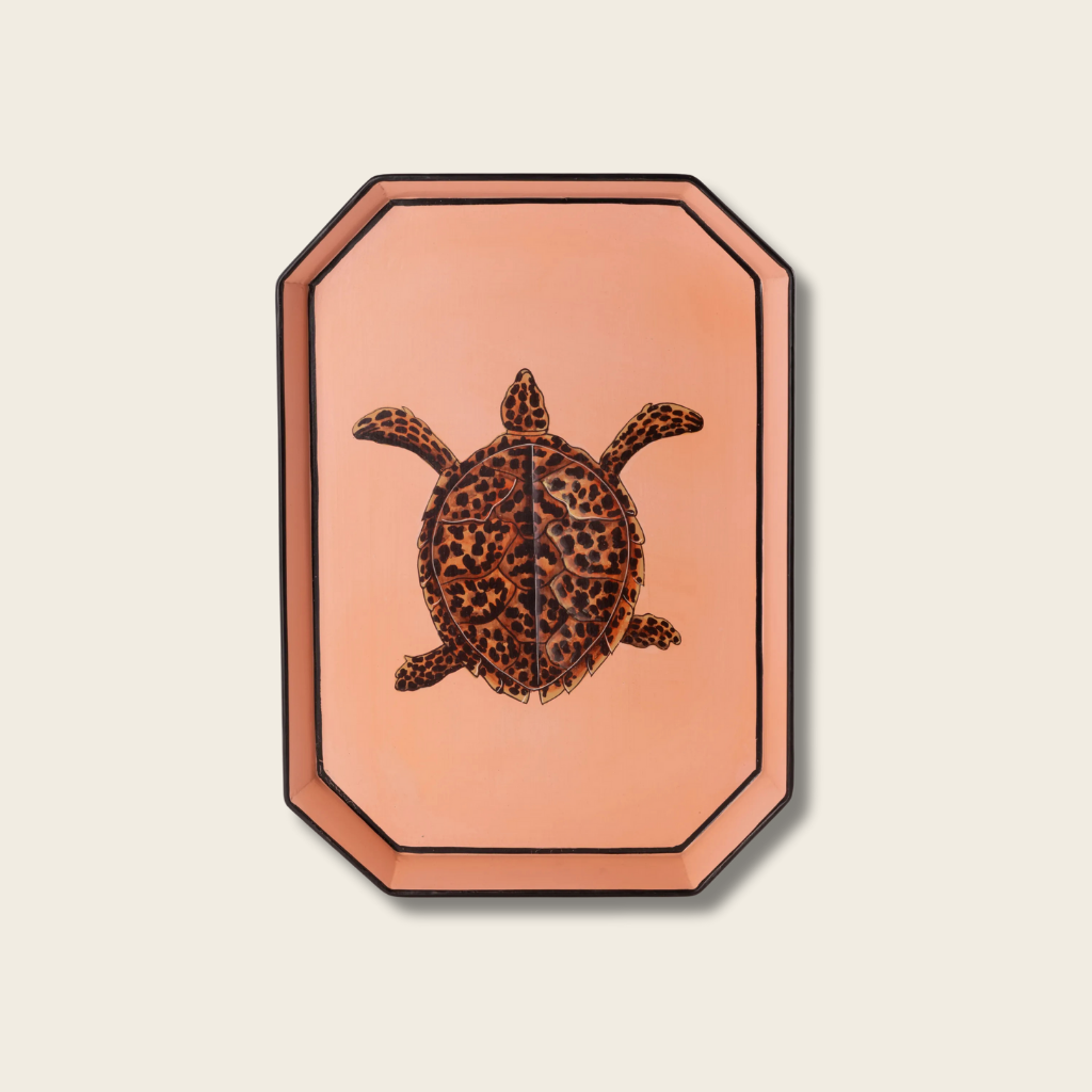 Decorative tray art with a turtle design on a textured wall
