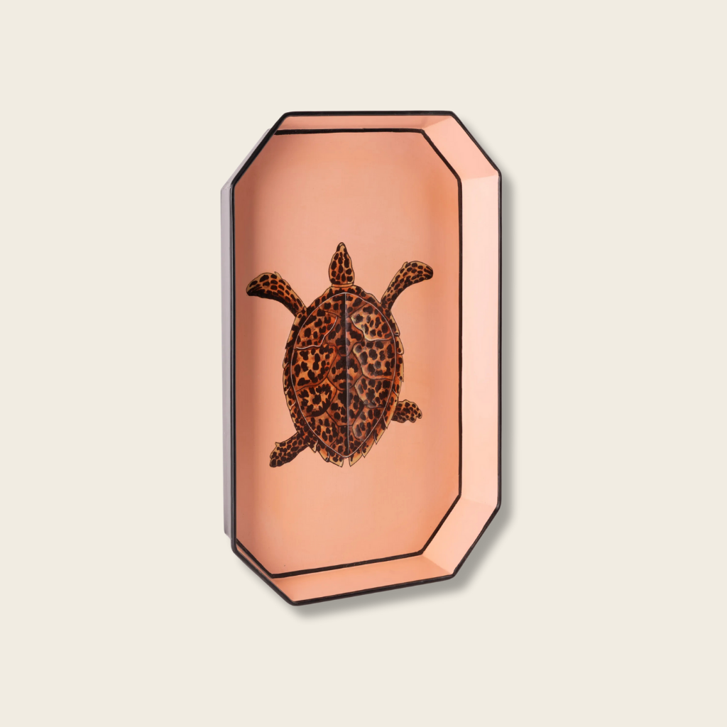 Decorative tray art with a turtle design on a textured wall