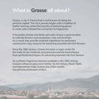 Text about Grasse, France, with a scenic background of mountains and buildings.