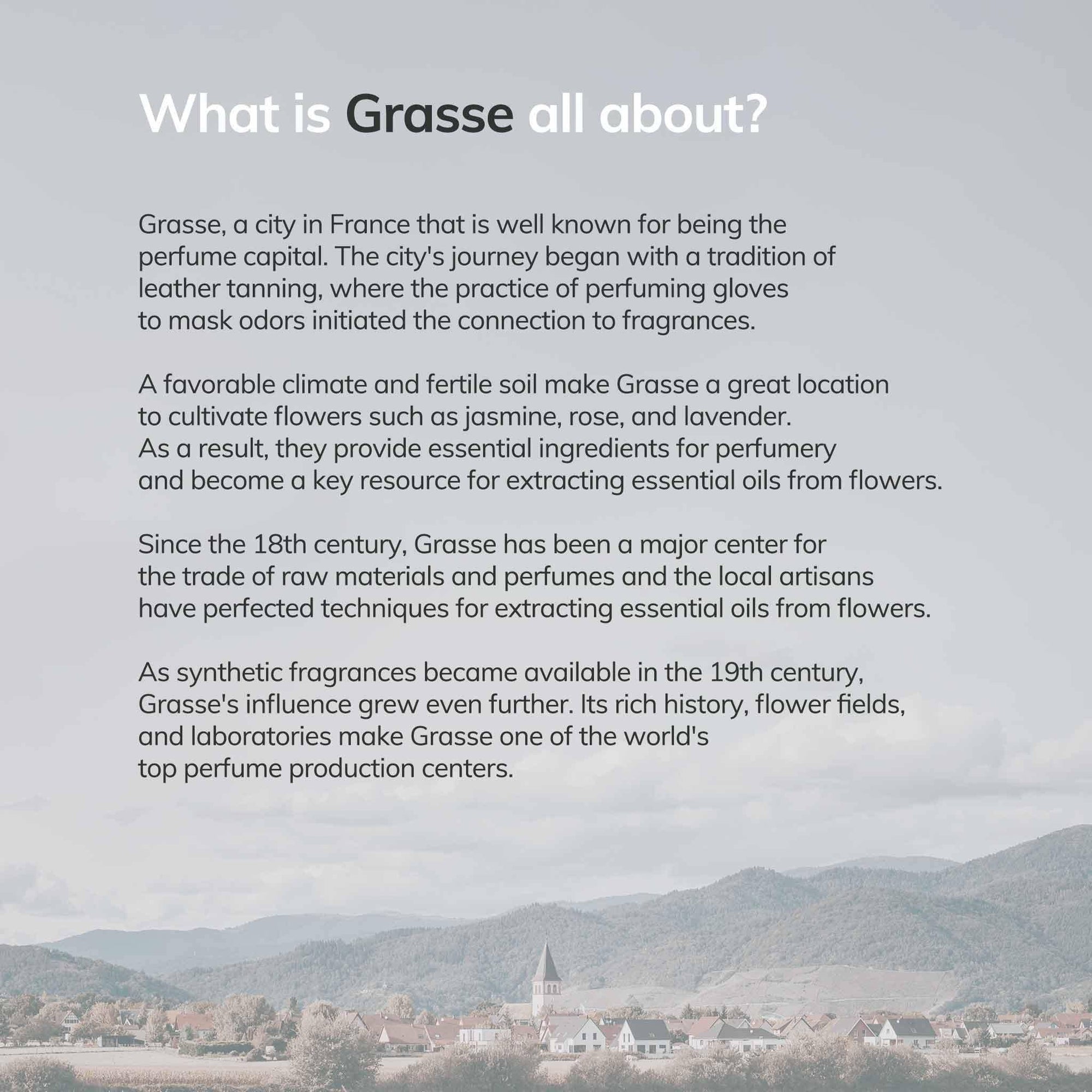 Text about Grasse, France, with a scenic background of mountains and buildings.