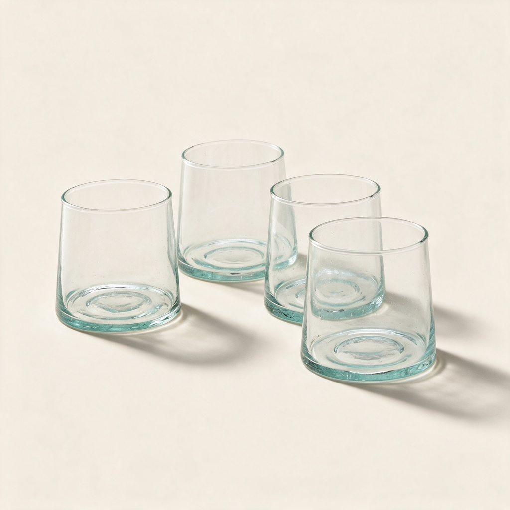 Set of four low glasses in recycled glass on a cream background