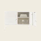 White storage cabinet with glass doors on a white background