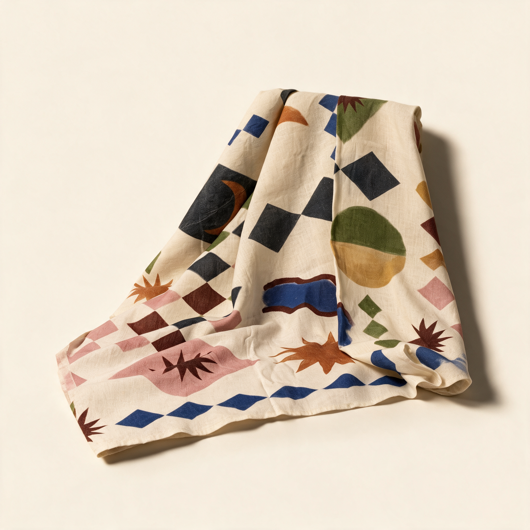 MÆGEN Good linen tablecloth with hand-drawn diamond print in ochre, olive and burgundy