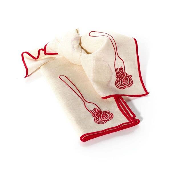 Spaghetti print linen napkin pattern detail