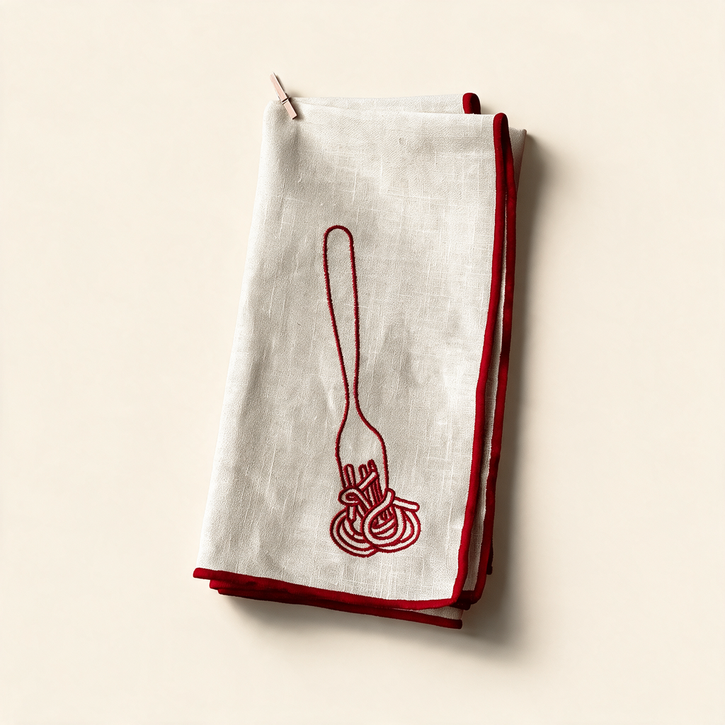 Set of two MÆGEN spaghetti-print linen blend napkins on a cream background
