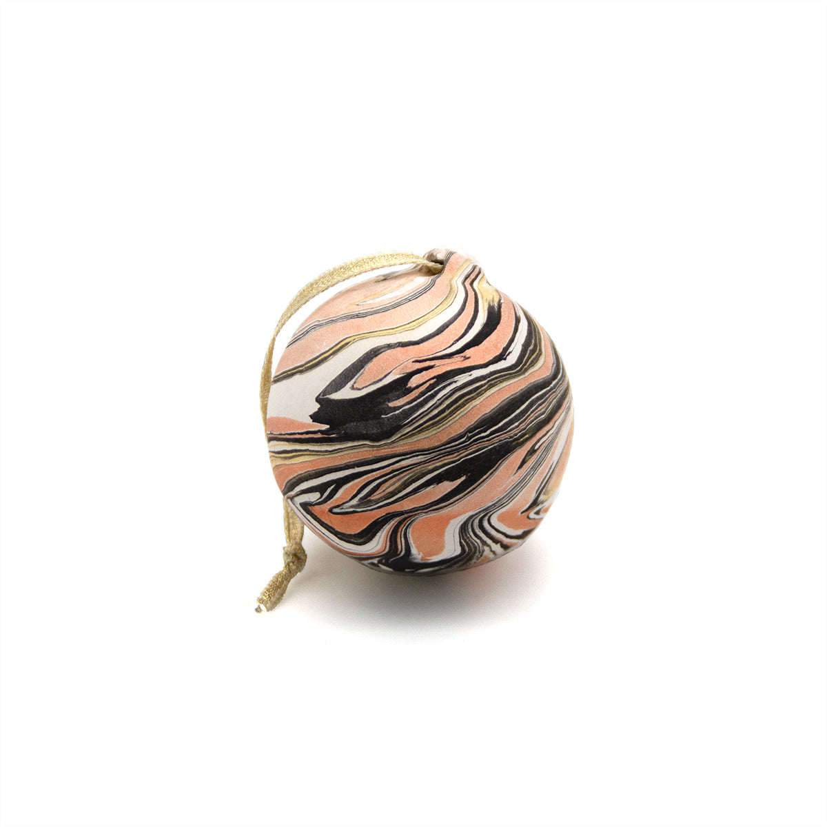 Marbled patterned ball with a string on a white background